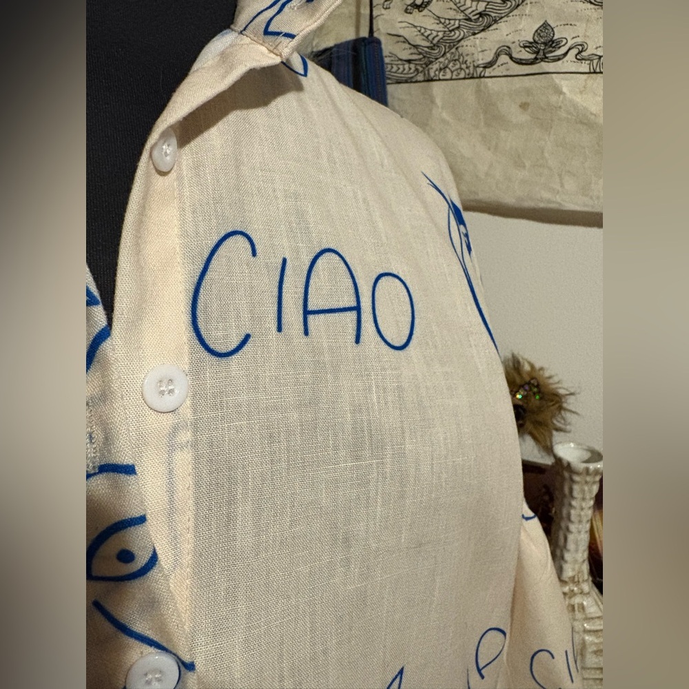 Cummense Ciao Wine Cream Blue Graphic Babydoll Ruffle Dress Medium - Picture 5 of 10